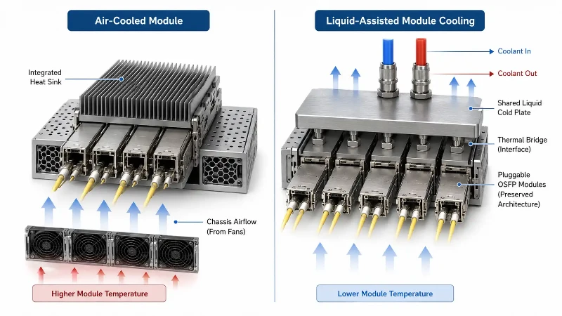 Air-cooled and liquid-assisted optical module cooling comparison Air-cooled and liquid-assisted optical module cooling comparison