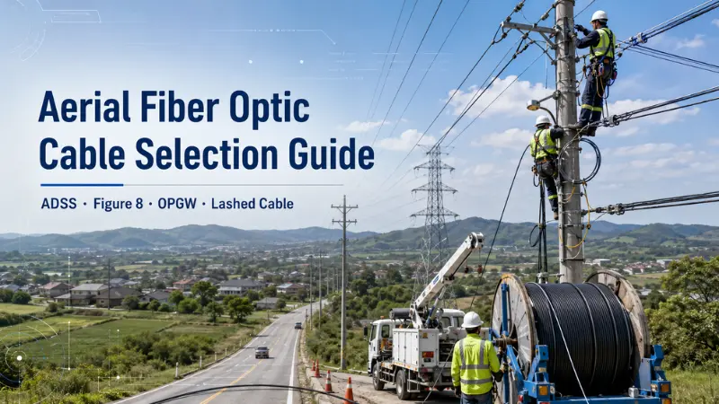 Aerial fiber optic cable selection guide showing overhead fiber routes on poles and transmission towers. Aerial fiber optic cable selection guide showing overhead fiber routes on poles and transmission towers.