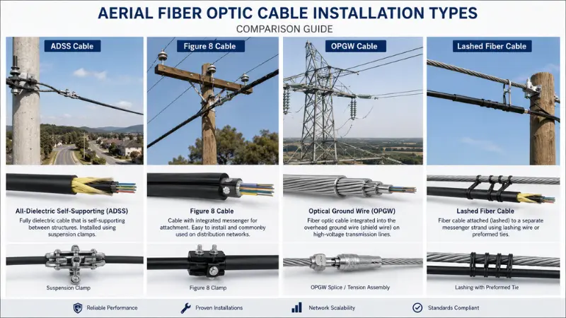 Four main aerial fiber optic cable types including ADSS, Figure 8, OPGW and lashed fiber cable. Four main aerial fiber optic cable types including ADSS, Figure 8, OPGW and lashed fiber cable.