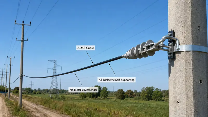 ADSS all-dielectric self-supporting fiber optic cable installed between utility poles. ADSS all-dielectric self-supporting fiber optic cable installed between utility poles.