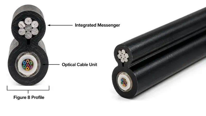 Figure 8 aerial fiber optic cable structure showing integrated messenger and optical cable unit. Figure 8 aerial fiber optic cable structure showing integrated messenger and optical cable unit.