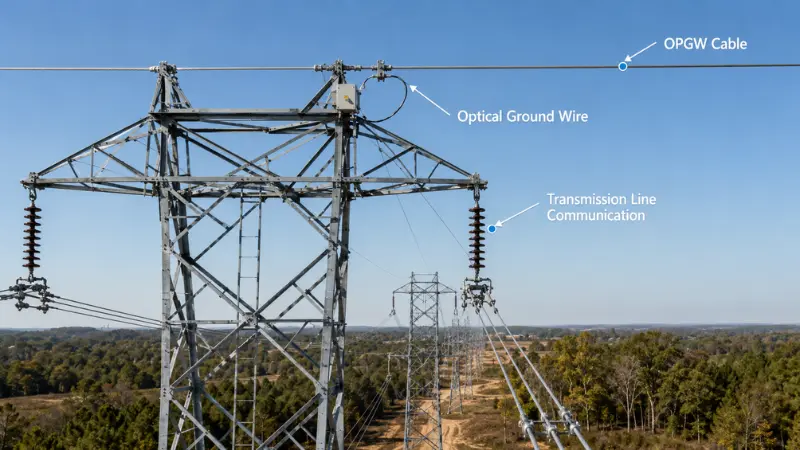 OPGW optical ground wire installed on high-voltage transmission towers for utility communication. OPGW optical ground wire installed on high-voltage transmission towers for utility communication.