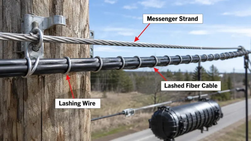 Lashed fiber optic cable attached to a separate messenger strand with lashing wire. Lashed fiber optic cable attached to a separate messenger strand with lashing wire.