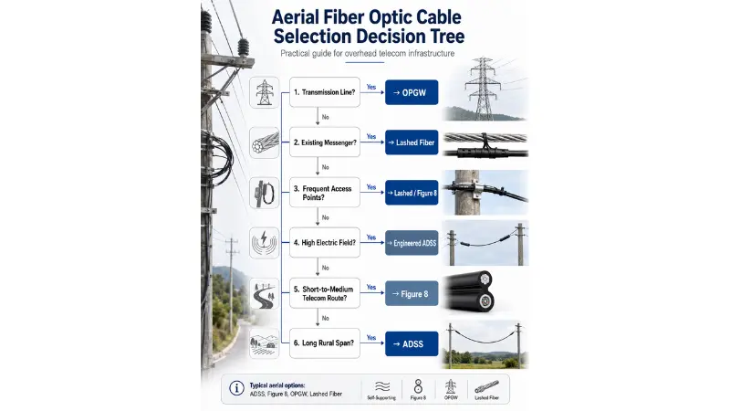 Decision tree for choosing aerial fiber optic cable types based on route, messenger, access points and span. Decision tree for choosing aerial fiber optic cable types based on route, messenger, access points and span.